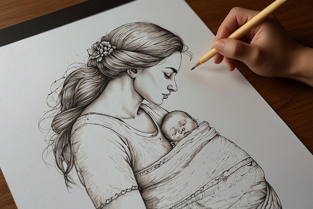 Photo a drawing of a woman with a baby in her lap