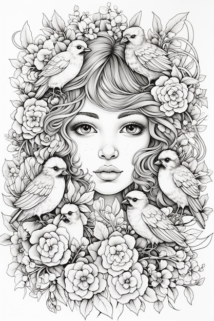 рисунок женщины с птицами и цветами вокруг головы
