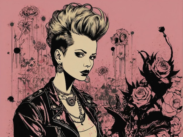 a drawing of a woman with a black jacket and a flower in the background