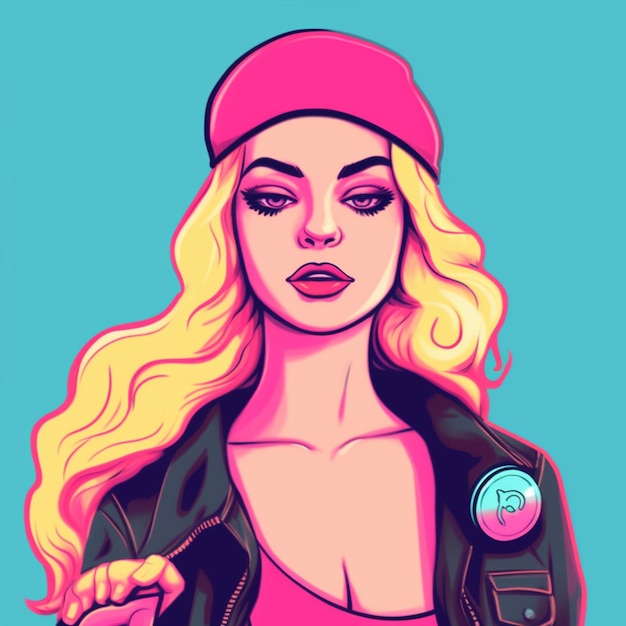 Foto un disegno di una donna con i capelli biondi e un cappello rosa.