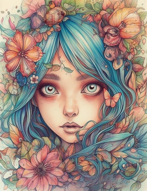 Photo a drawing of a woman with blue hair and flowers.