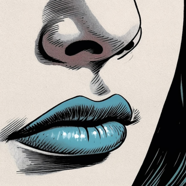 a drawing of a woman with blue lips and a blue lip.