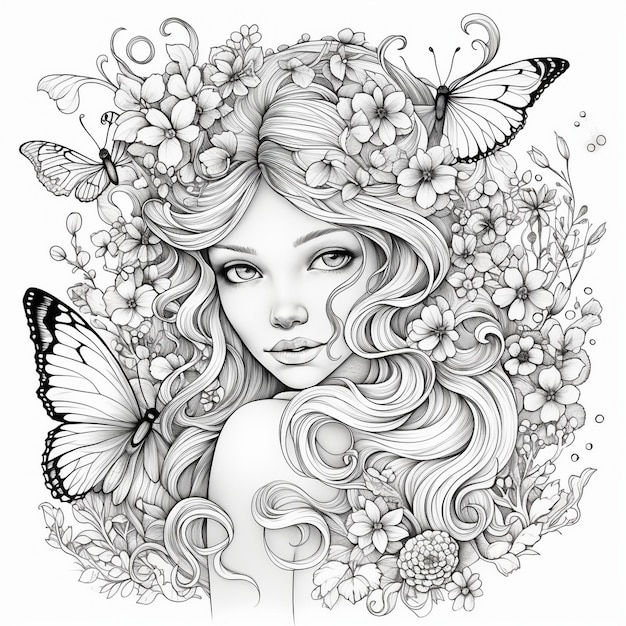 a drawing of a woman with a butterfly on her head