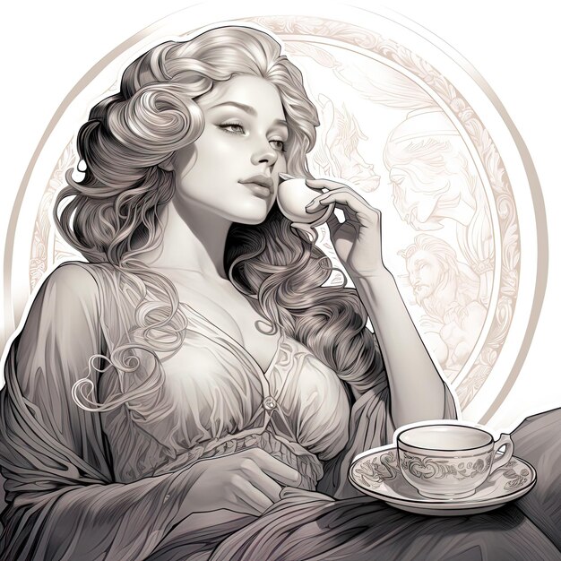 a drawing of a woman with a cup of tea and a tea cup