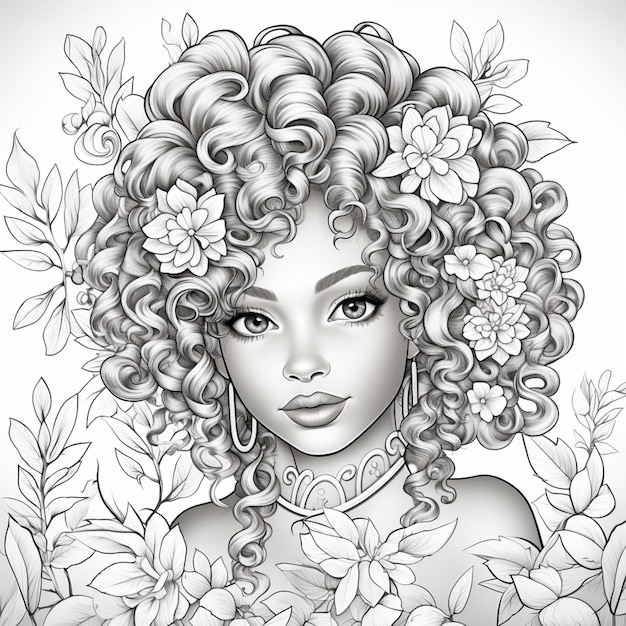 a drawing of a woman with curly hair and flowers in her hair generative ai