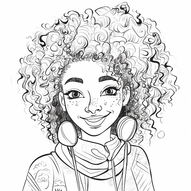 Photo a drawing of a woman with curly hair and headphones generative ai