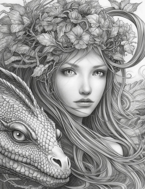 A drawing of a woman with a dragon and a dragon.