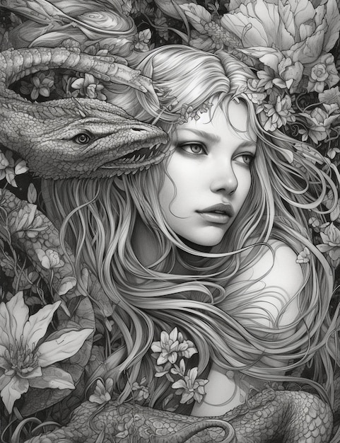 Рисунок женщины с драконом на голове