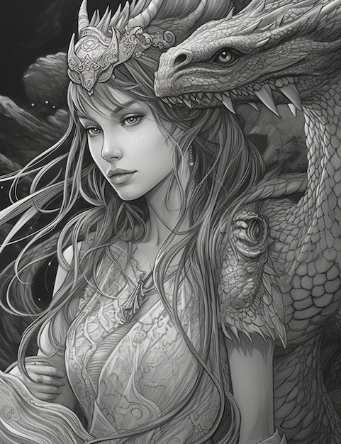 A drawing of a woman with a dragon on her head.