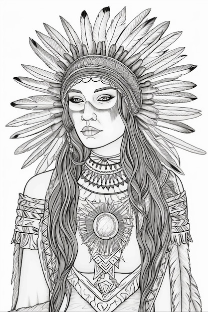 a drawing of a woman with a feather headdress and a sun generative ai