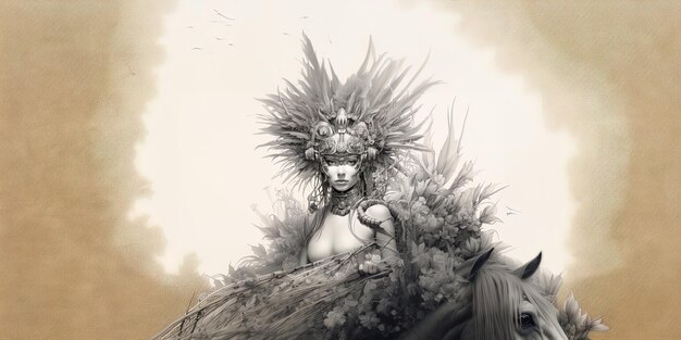 a drawing of a woman with a feathered headdress