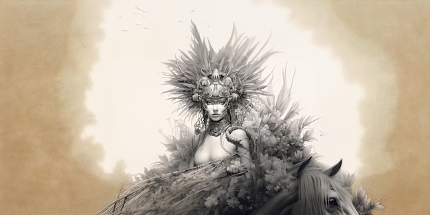 a drawing of a woman with a feathered headdress