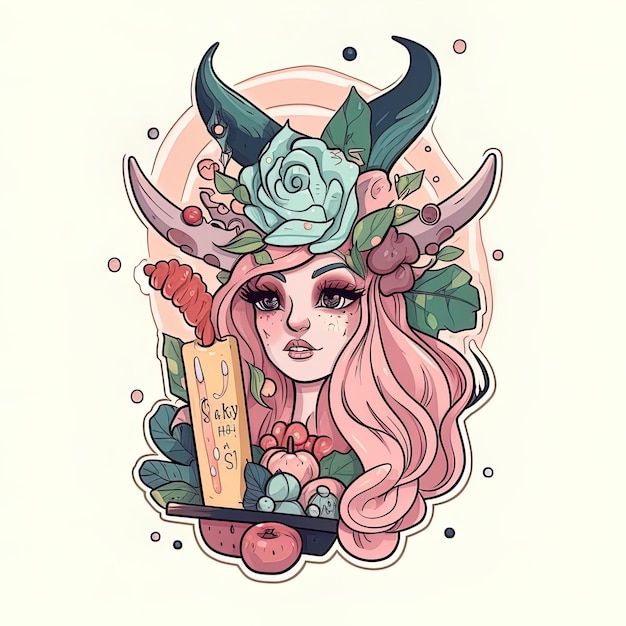 Photo a drawing of a woman with a flower crown and horns.