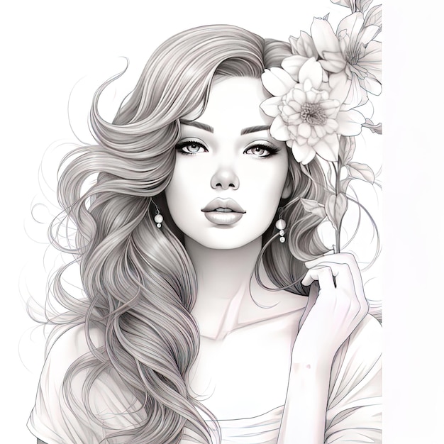 a drawing of a woman with a flower in her hair