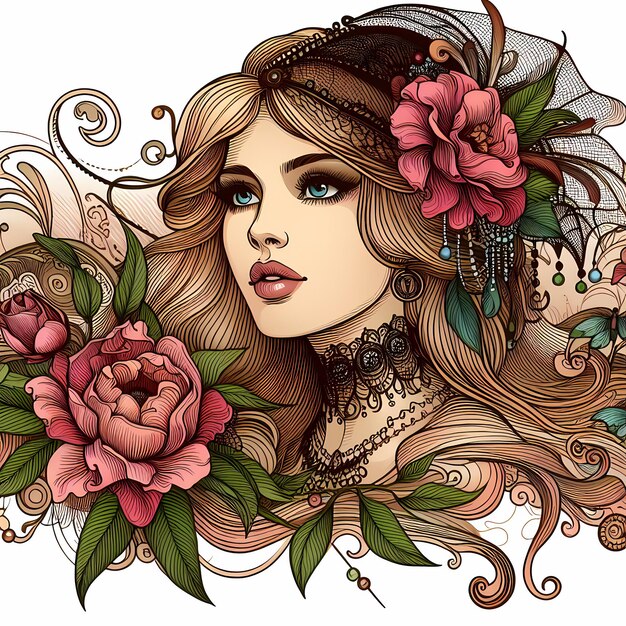 Photo a drawing of a woman with flowers and a hat with a floral pattern