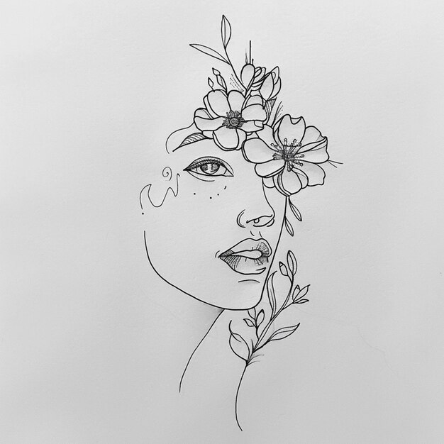 drawing of a woman with flowers in her hair generative ai