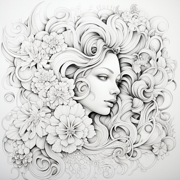 Foto disegno di una donna con fiori tra i capelli ai generativa