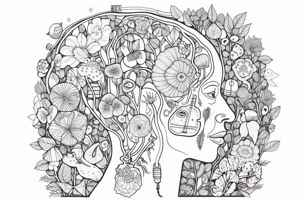 Photo a drawing of a woman with flowers and plants in her hair generative ai