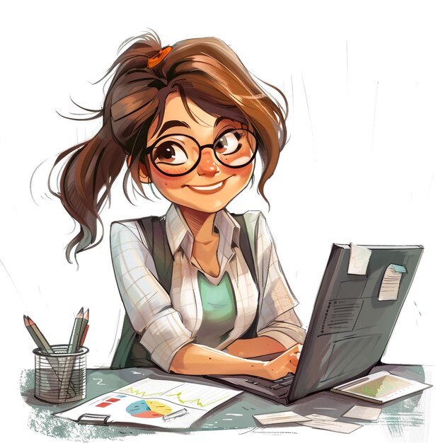 a drawing of a woman with glasses and a laptop