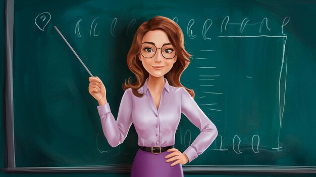 a drawing of a woman with glasses and a pointer in front of a blackboard with the letters  c  on it