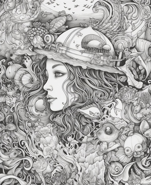 a drawing of a woman with a hat and a lot of flowers generative ai
