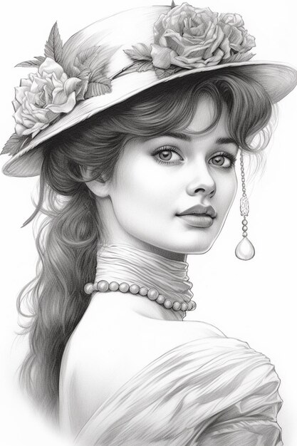 Foto un disegno di una donna con un cappello e una collana