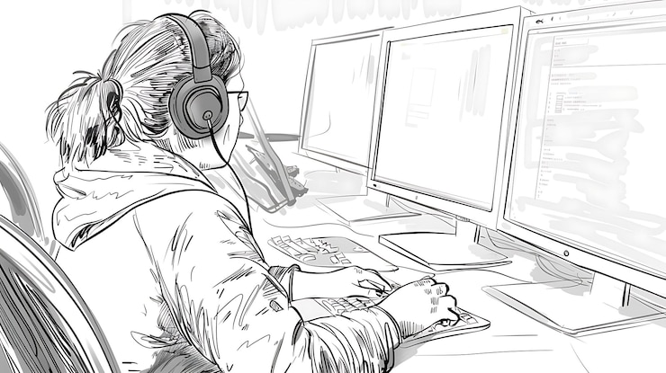 Photo 헤드폰과 컴퓨터 스크린을 쓴 여자의 그림