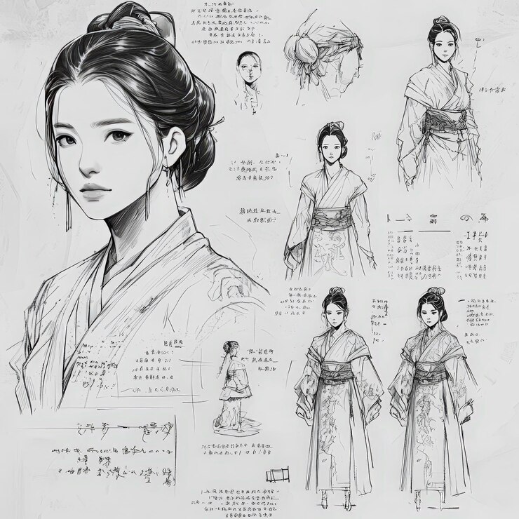 Photo 일본식 스타일의 여자의 그림