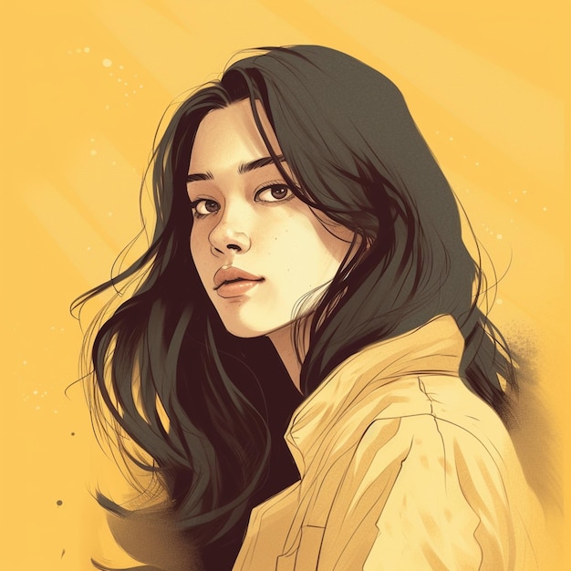 A drawing of a woman with long black hair and a yellow background