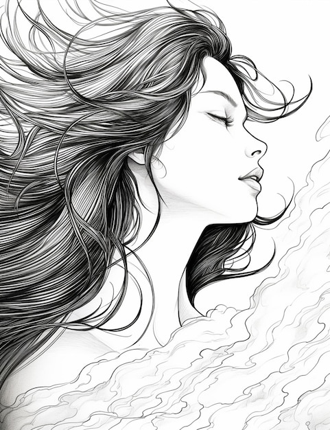 a drawing of a woman with long hair blowing in the wind generative ai