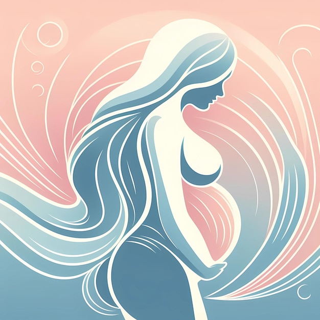 a drawing of a woman with long hair and a blue and pink swirl in the middle pregnant woman illustra