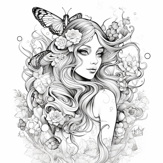 A drawing of a woman with long hair and a butterfly generative ai