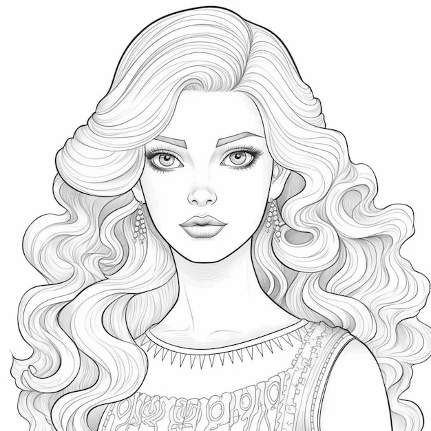 рисунок женщины с длинными волосами и платьем