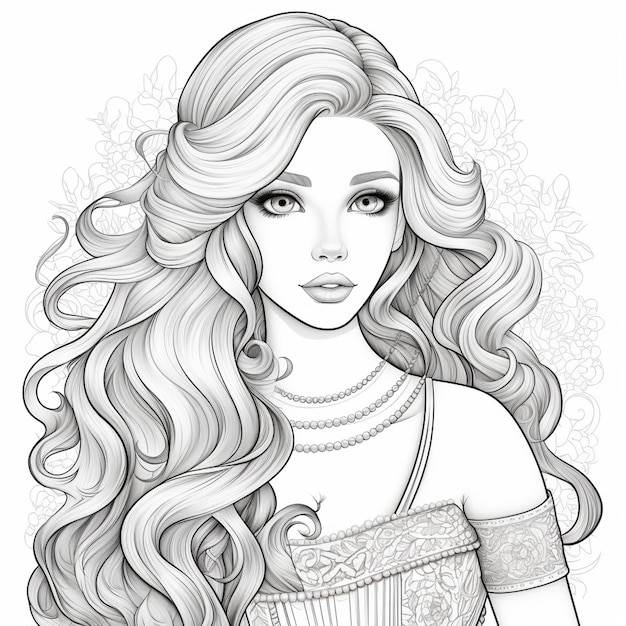 рисунок женщины с длинными волосами и платьем