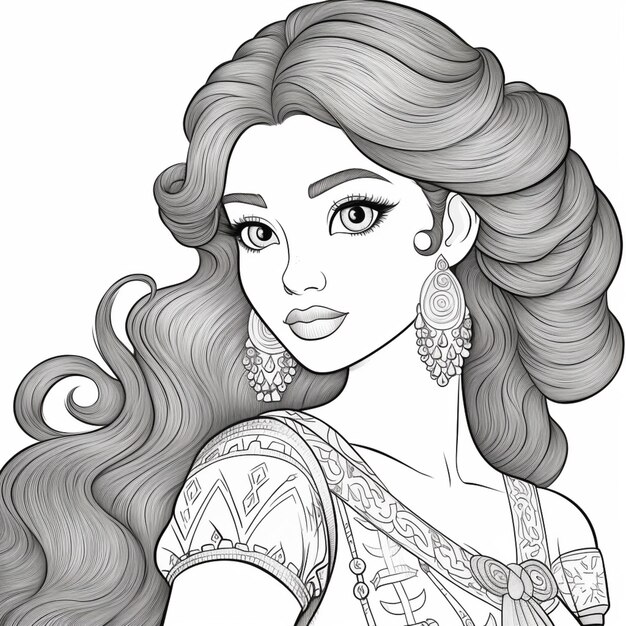 рисунок женщины с длинными волосами и сережками