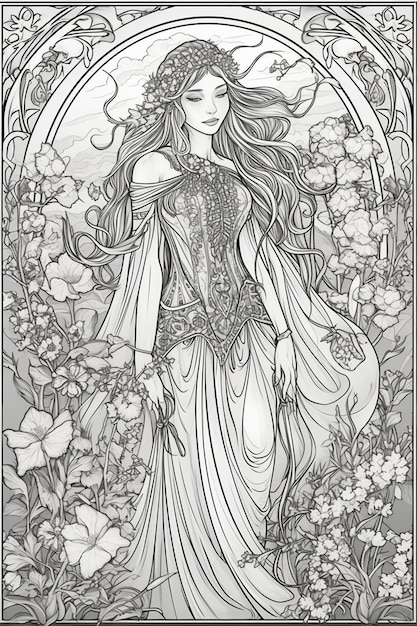 A drawing of a woman with long hair and a flower crown.