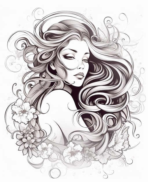 a drawing of a woman with long hair and flowers generative ai