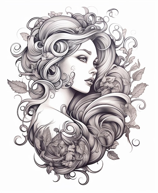 a drawing of a woman with long hair and flowers generative ai