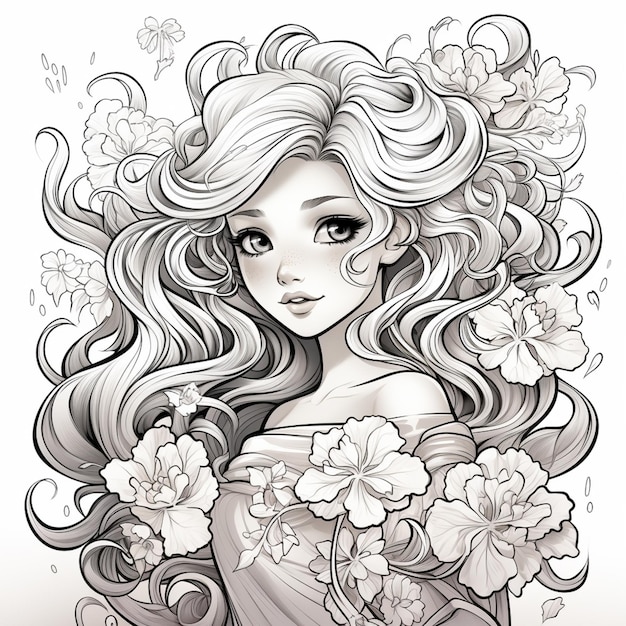 a drawing of a woman with long hair and flowers in her hair generative ai