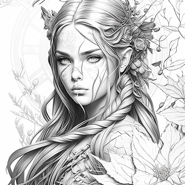 рисунок женщины с длинными волосами и цветами в волосах