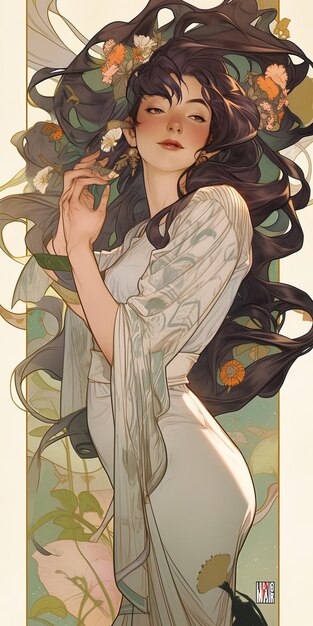 рисунок женщины с длинными волосами и шляпой