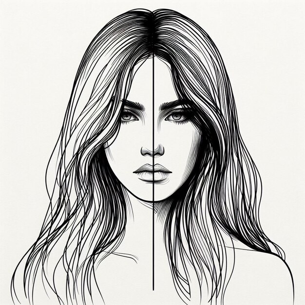 Photo a drawing of a woman with long hair and a long black line across her face