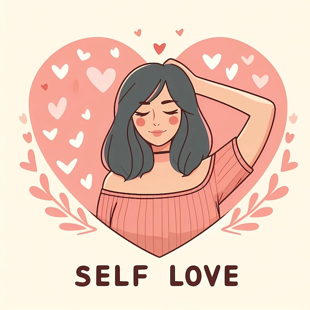 a drawing of a woman with long hair and a pink heart with the words make love on it self love