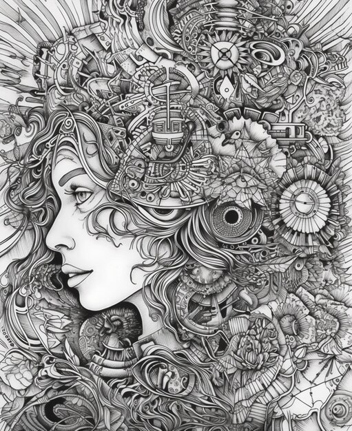 a drawing of a woman with a lot of different things in her hair generativ ai