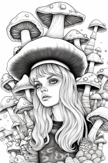 Foto un disegno di una donna con funghi in testa ai generativa