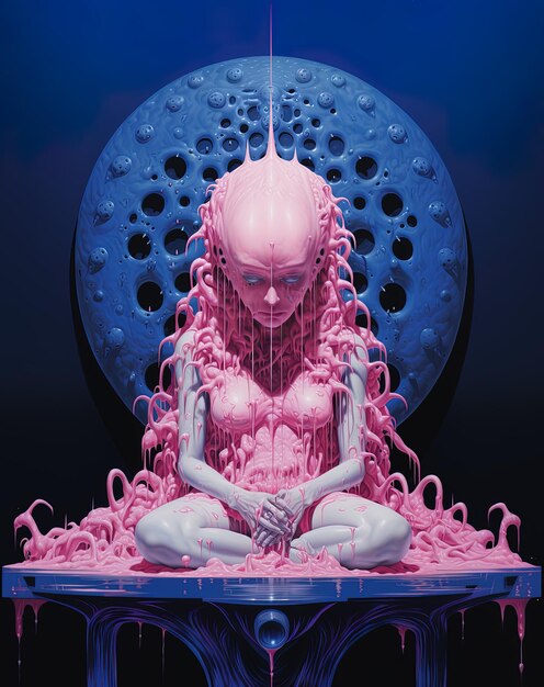 a drawing of a woman with a pink body and a blue background with the words  alien  on it