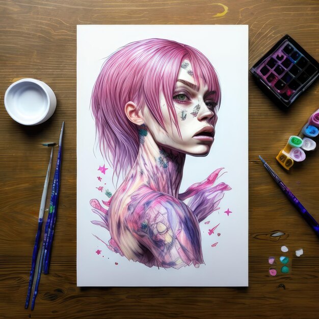 На столе рисунок женщины с розовыми волосами и розовой головой.