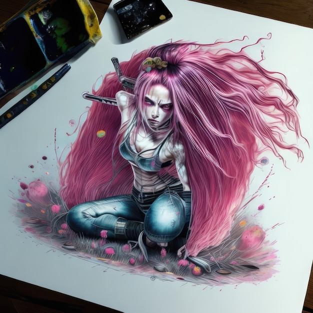 A drawing of a woman with pink hair and a sword on her head