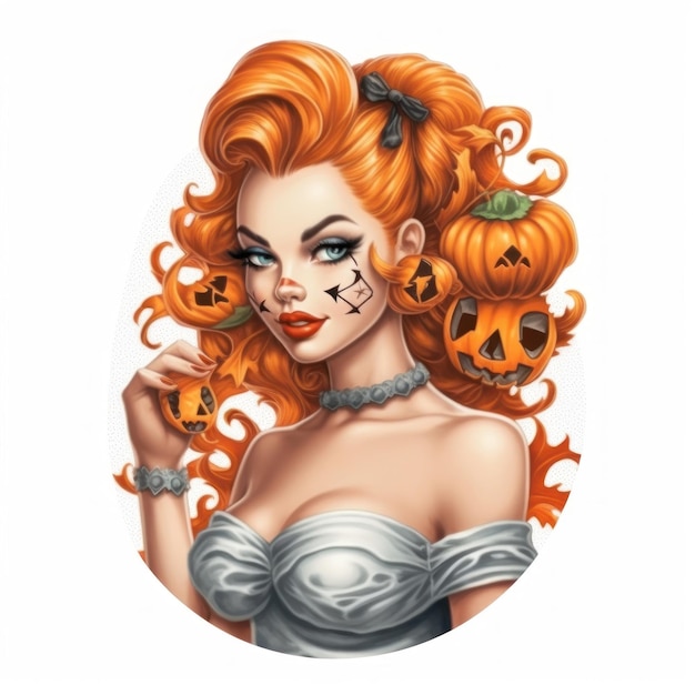 a drawing of a woman with a pumpkin painted on her face.