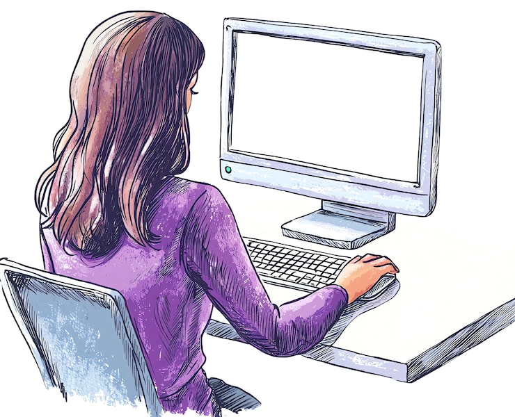 Photo a drawing of a woman with a purple shirt on and a purple shirt is sitting in front of a computer